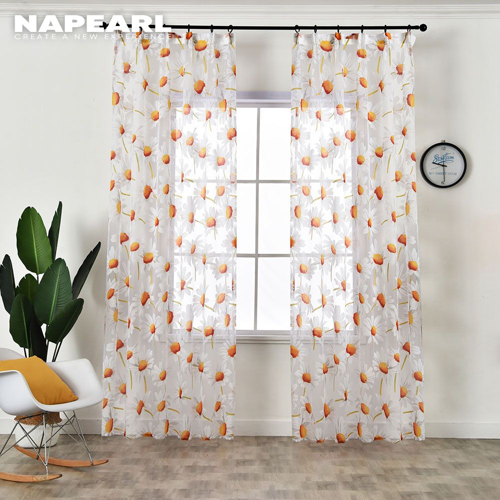 Napearl Rèm cửa sổ Vải Tuyn Họa Tiết Hoa Cúc Phong Cách Đồng Quê Tự Nhiên