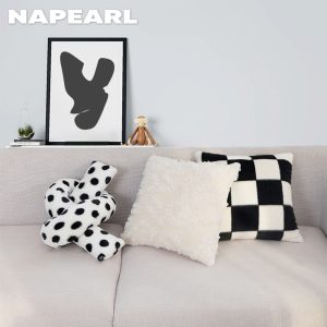Napearl 1 Vỏ Bọc Gối Tựa Lưng Kẻ Sọc Caro Trắng Đen Bằng Lông Thỏ Kiểu Bắc Âu Sang Trọng Cho Phòng Khách / Sô Pha