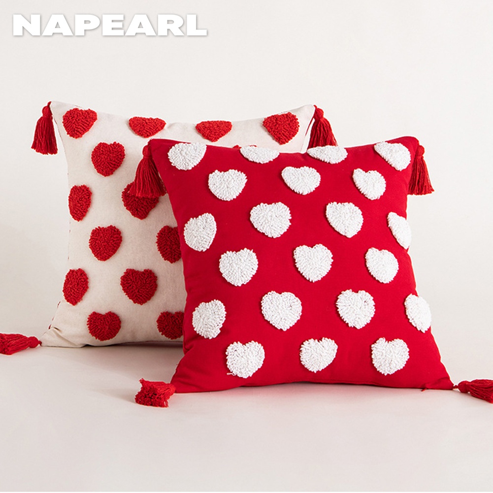 Vỏ Gối Cotton Phối Tua Rua Thêu Họa Tiết Trái Tim Đáng Yêu - Ảnh 6