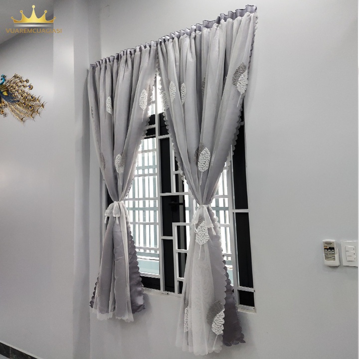 Rèm Cửa Dán Tường Màu Xám Ghi chống nắng 2 lớp họa tiết voan lá đôi ghi VIP22 Vuaremgiasi - Ảnh 7