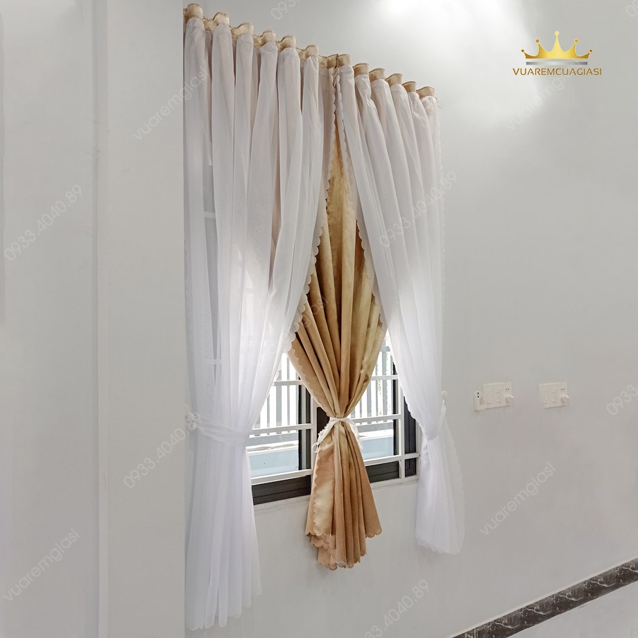 Rèm cửa dán tường 2 lớp vàng kem voan trắng chống nắng trang trí của sổ VIPDTVK vuaremgiasi - Ảnh 2