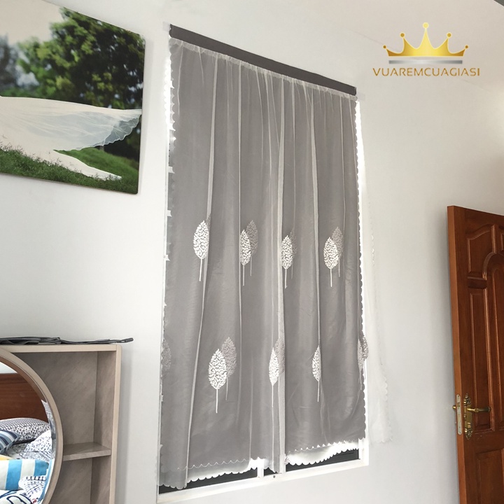 Rèm Cửa Dán Tường Màu Xám Ghi chống nắng 2 lớp họa tiết voan lá đôi ghi VIP22 Vuaremgiasi - Ảnh 4