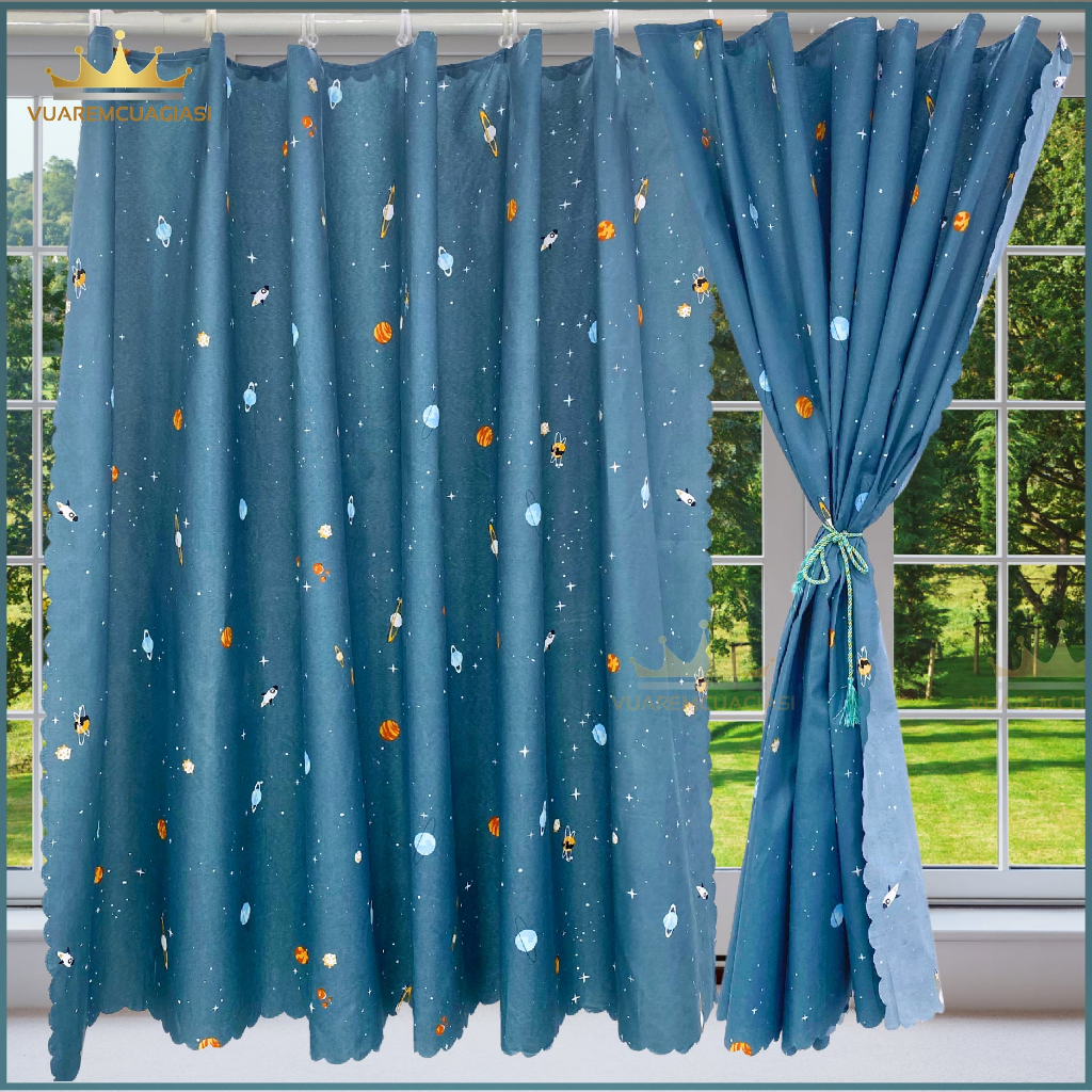 Rèm cửa treo móc rido trang trí họa tiết Vũ Trụ và thanh không khoan dễ dàng sử dụng decor phòng RDK07 Vuaremgiasi