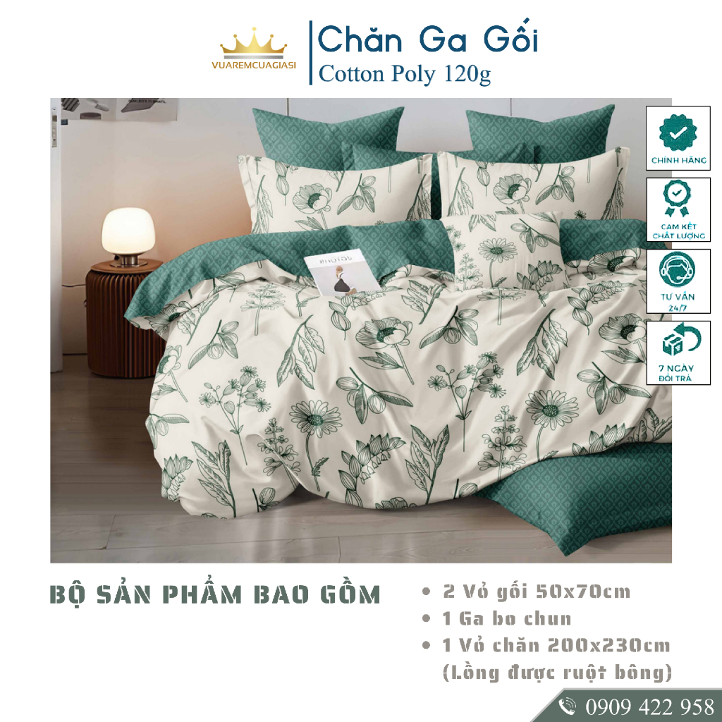 Bộ chăn ga gối 5 món CottonAL1-3-8 dành cho nệm giường decor trang trí phòng ngủ