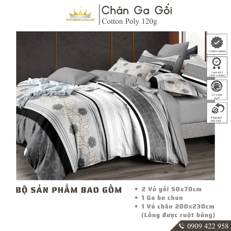 Bộ chăn ga gối 5 món CottonAL01-3-7 dành cho nệm giường decor trang trí phòng ngủ