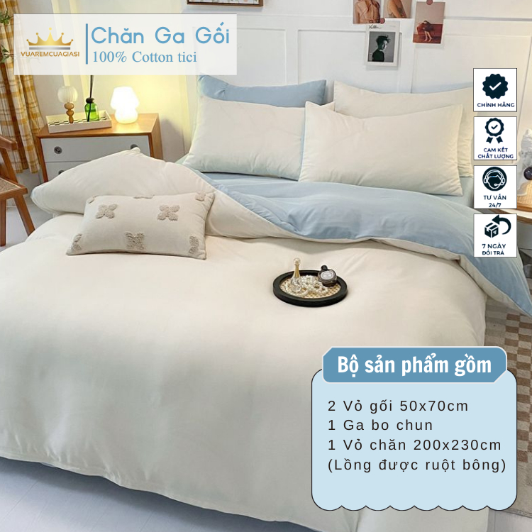 Bộ chăn ga gối 4 món Cotton Tici màu Xanh Nhạt nhiều sự lựa chọn