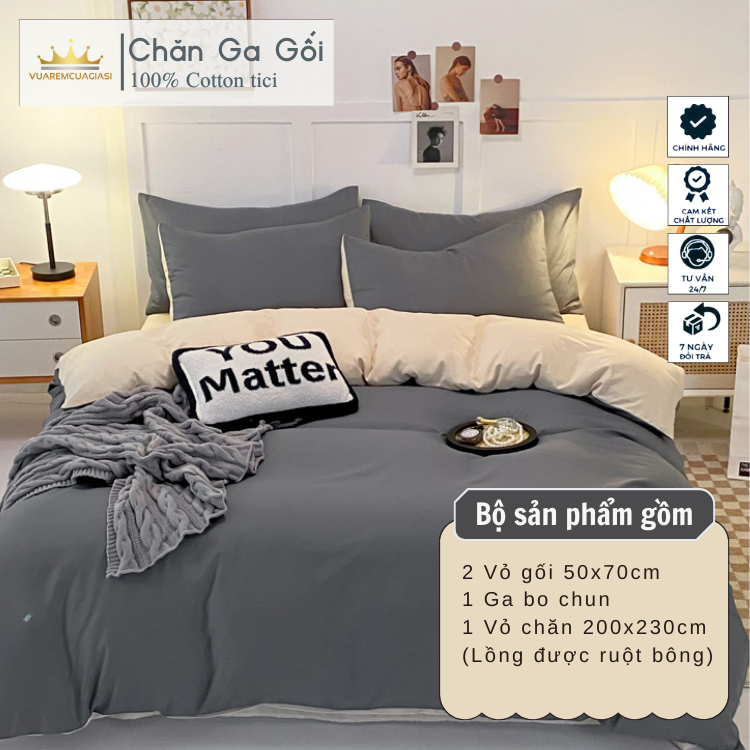 Bộ chăn ga gối 4 món Cotton Tici màu Ghi Kem nhiều sự lựa chọn