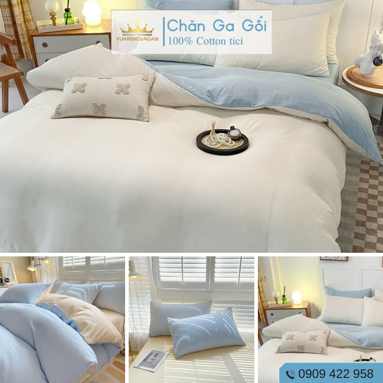 Bộ chăn ga gối 4 món Cotton Tici màu Xanh Nhạt nhiều sự lựa chọn, đầy đủ kích thước Duhalatexstore AL1-3 - Ảnh 3