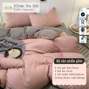 Bộ chăn ga gối 4 món Cotton Tici màu Hồng Ruốc nhiều sự lựa chọn