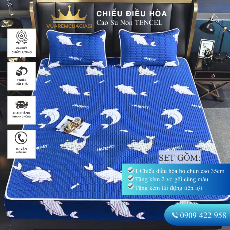 Chiếu Điều Hòa Vải Tencel Cá Heo Xanh Cao Su Non bo chun chân cao 35cm