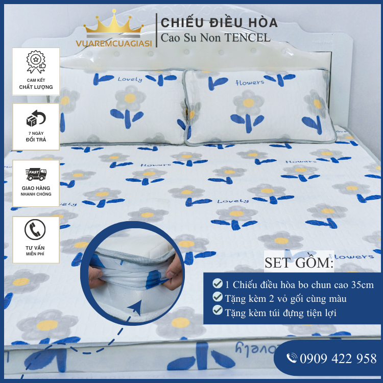Chiếu Điều Hòa Vải Tencel Hoa Nhị Vàng Cao Su Non bo chun chân cao 35cm