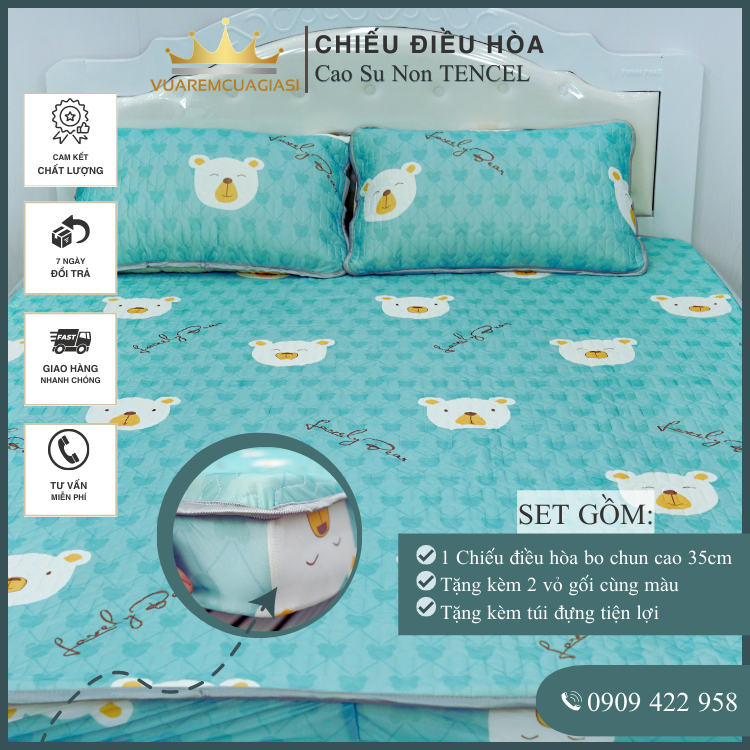 Chiếu Điều Hòa Vải Tencel Gấu Xanh Lá Cao Su Non bo chun chân cao 35cm