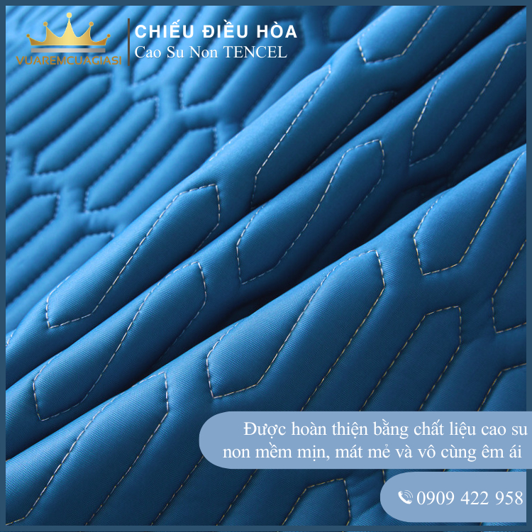 Chiếu Điều Hòa Vải Tencel Xanh Dương Trơn Cao Su Non bo chun chân cao 35cm, hàng loại 1 nặng và dày trang trí - Ảnh 5