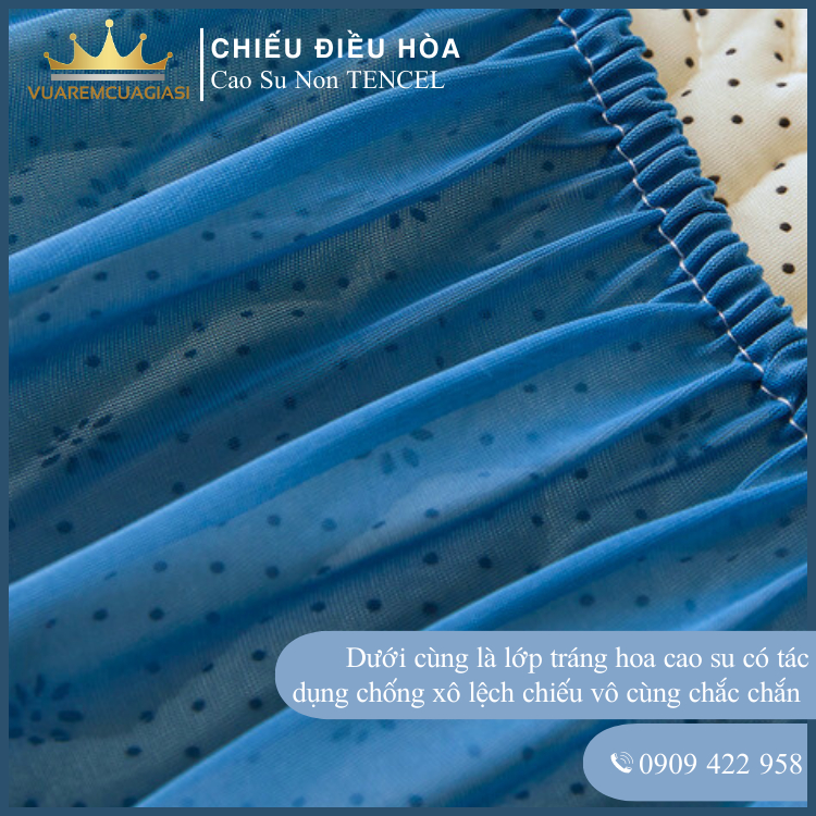 Chiếu Điều Hòa Vải Tencel Xanh Dương Trơn Cao Su Non bo chun chân cao 35cm, hàng loại 1 nặng và dày trang trí - Ảnh 4