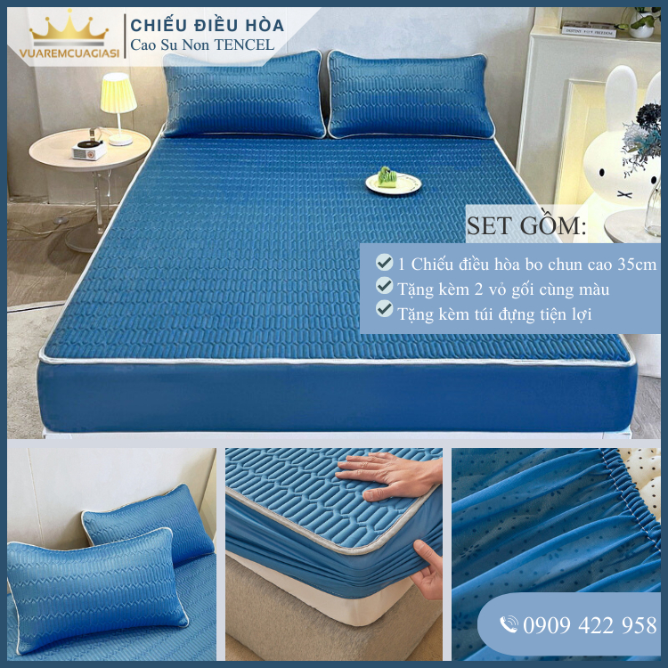 Chiếu Điều Hòa Vải Tencel Xanh Dương Trơn Cao Su Non bo chun chân cao 35cm