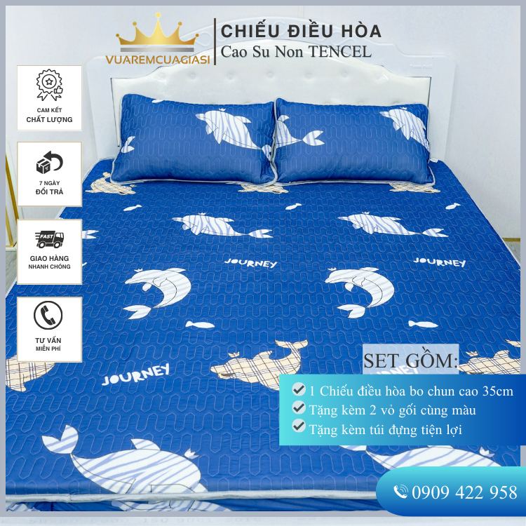 Chiếu Điều Hòa Vải Tencel Cá Heo Xanh Cao Su Non bo chun chân cao 35cm, hàng loại 1 nặng và dày trang trí - Ảnh 7