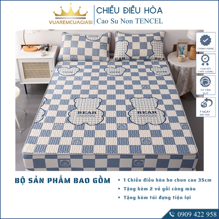Chiếu Điều Hòa Vải Tencel Gấu Caro Cao Su Non bo chun chân cao 35cm