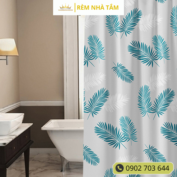 Rèm nhà tắm DÀY và thanh không khoan tường, họa tiết Lá Thông không thấy bóng người, không thấm nước, kèm vòng treo - Ảnh 5