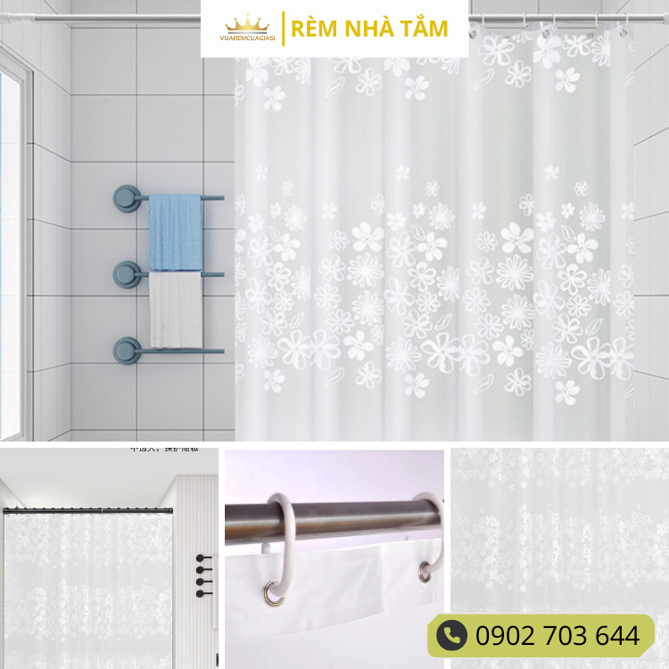 Rèm nhà tắm DÀY và thanh không khoan tường, họa tiết Hoa Tuyết Trắng không thấy bóng người không thấm nước kèm vòng treo - Ảnh 4