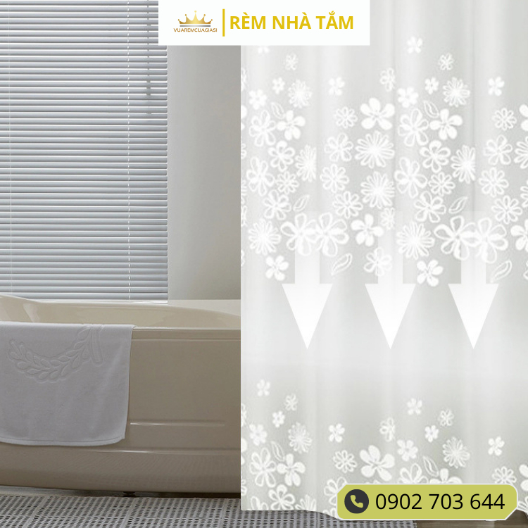 Rèm nhà tắm DÀY và thanh không khoan tường, họa tiết Hoa Tuyết Trắng không thấy bóng người không thấm nước kèm vòng treo - Ảnh 7