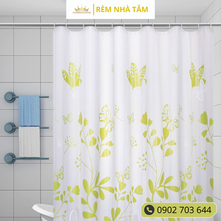 Rèm nhà tắm DÀY và thanh không khoan tường, họa tiết Bướm Vàng không thấy bóng người, không thấm nước, kèm vòng treo - Ảnh 6
