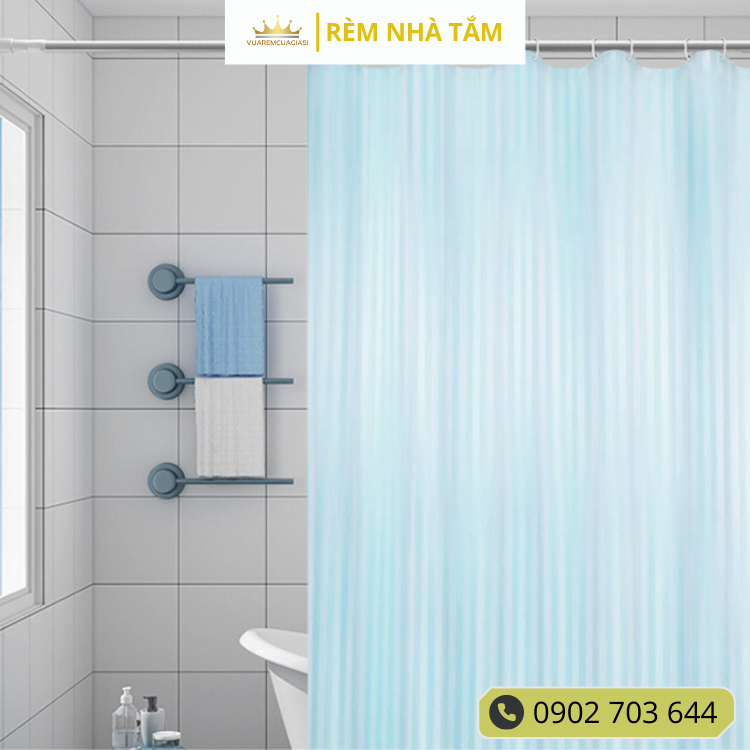 Rèm nhà tắm DÀY và thanh không khoan tường họa tiết Xanh Dương Sọc không thấy bóng người không thấm nước kèm vòng treo