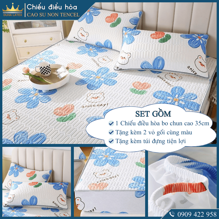 Chiếu Điều Hòa Vải Tencel Cao Su Non bo chun chân cao 35cm