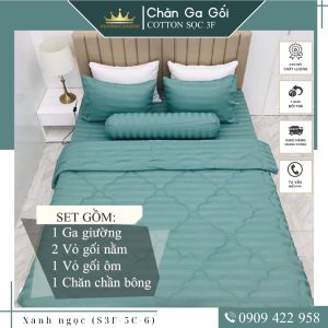 Bộ ga giường 5 món cotton kẻ sọc 3f chuyên dùng cho khách sạn miễn phí bo chun VUAREMGIASI