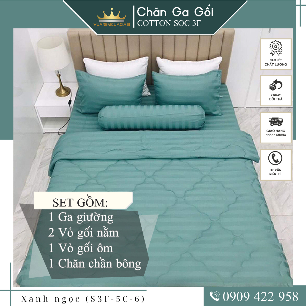 Bộ ga giường 5 món cotton kẻ sọc 3f chuyên dùng cho khách sạn miễn phí bo chun VUAREMGIASI