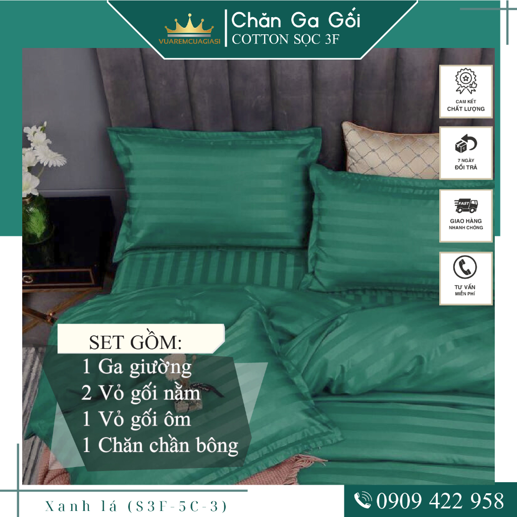 Bộ ga giường 5 món cotton kẻ sọc 3f chuyên dùng cho khách sạn miễn phí bo chun VUAREMGIASI