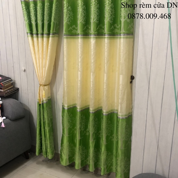 Rèm vải gấm thổ cẩm hoa văn kẻ sọc màu xanh lá cây siêu đẹp miễn phí công may. - Ảnh 3