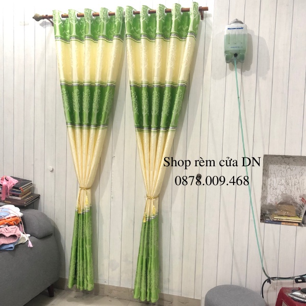 Rèm vải gấm thổ cẩm hoa văn kẻ sọc màu xanh lá cây siêu đẹp miễn phí công may. - Ảnh 4