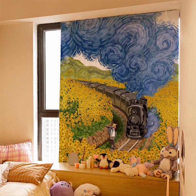 【Curtain*1】Bay rèm cửa sổ thành phẩm đục lỗ phòng ngủ miễn phí rèm vải dán rèm tự dính che nắng màu dầu Van Gogh - Ảnh 3