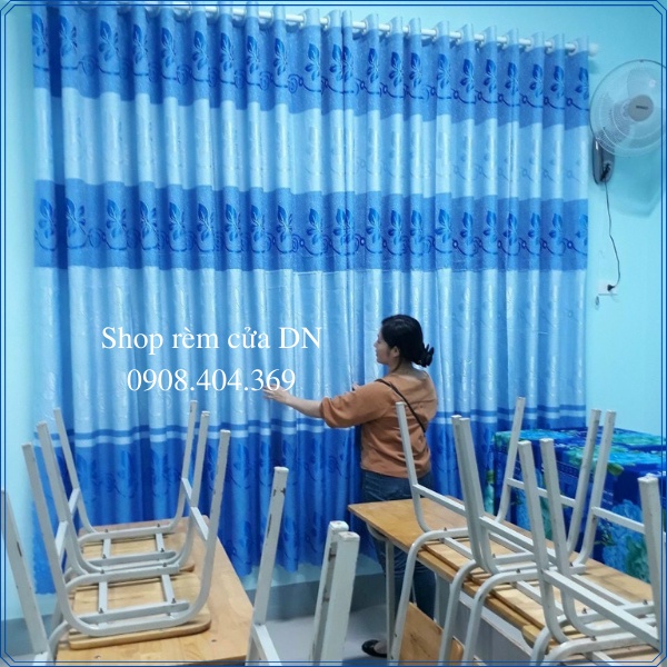 Rèm vải gấm hoa văn kẻ sọc 2 màu xanh biển và ghi xám siêu đẹp miễn phí công may. - Ảnh 4