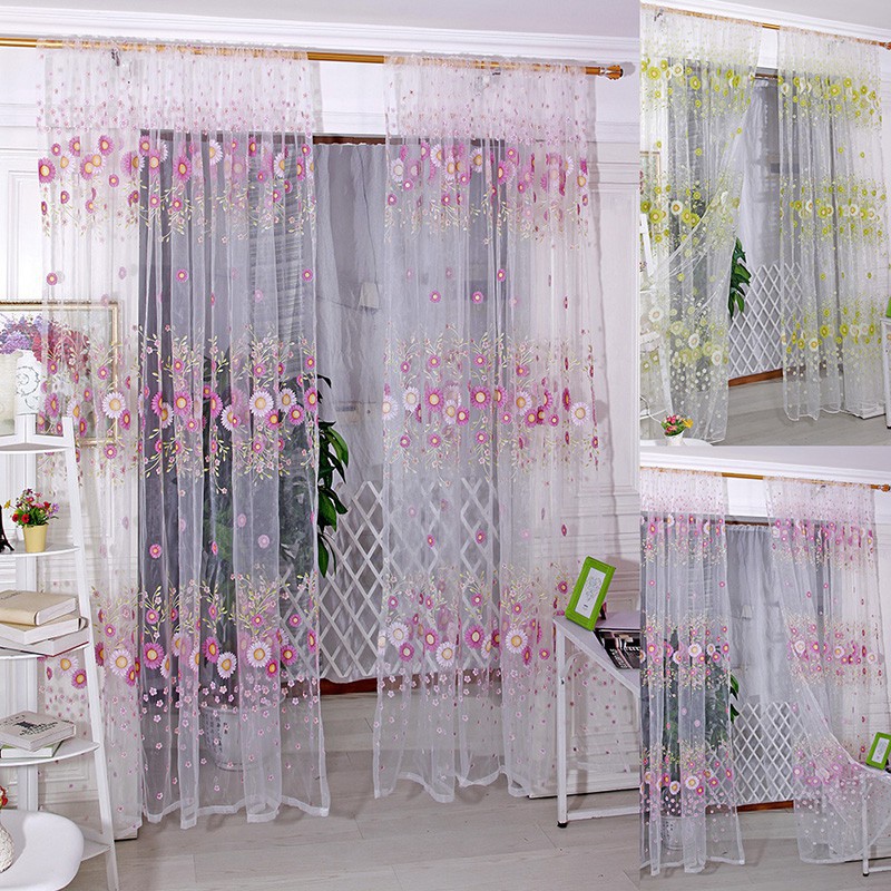 Rèm cửa vải voan 9.5x2m họa tiết hoa hướng dương độc đáo đẹp mắt