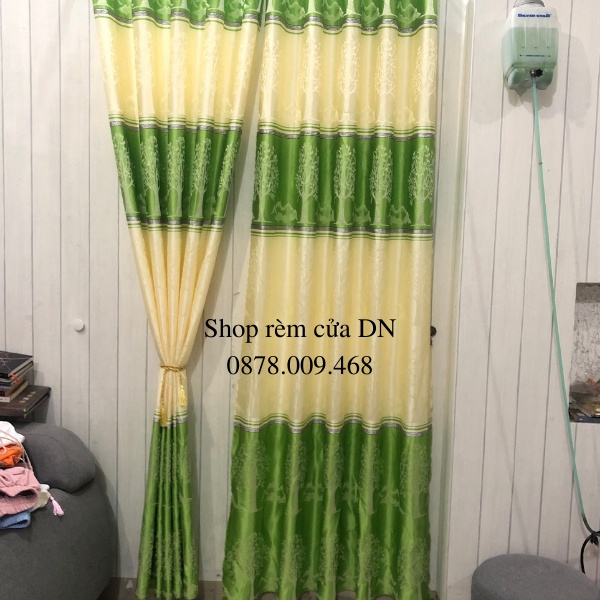 Rèm vải gấm thổ cẩm hoa văn kẻ sọc màu xanh lá cây siêu đẹp miễn phí công may. - Ảnh 6