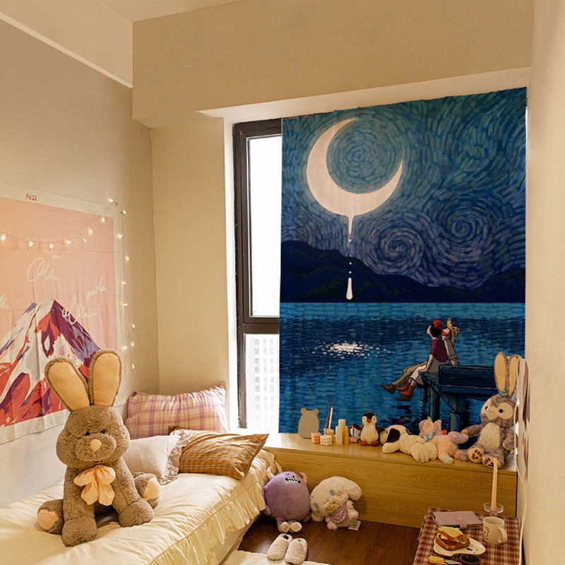 【Curtain*1】Bay rèm cửa sổ thành phẩm đục lỗ phòng ngủ miễn phí rèm vải dán rèm tự dính che nắng màu dầu Van Gogh - Ảnh 4