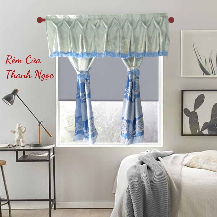 Rèm Cửa Sổ Thanh Ngọc Vải Gấm Thêu Hoa Văn Nổi Xẻ Giữa Màu Xanh Dương Nhiều Kích Thước