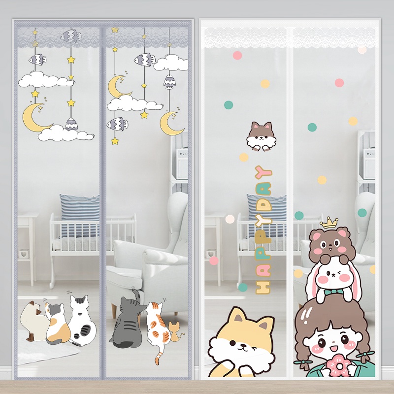 Rèm Cửa Chống Muỗi Không Cần Khoan Họa Tiết Mèo Hoạt Hình Trang Trí Phòng Ngủ