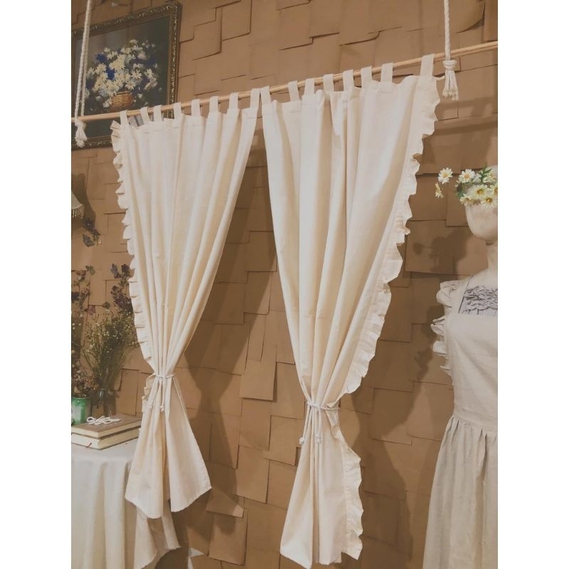 Rèm Màn Vải Canvas Thô Mộc Có Bèo Nhún Phong Cách Vintage