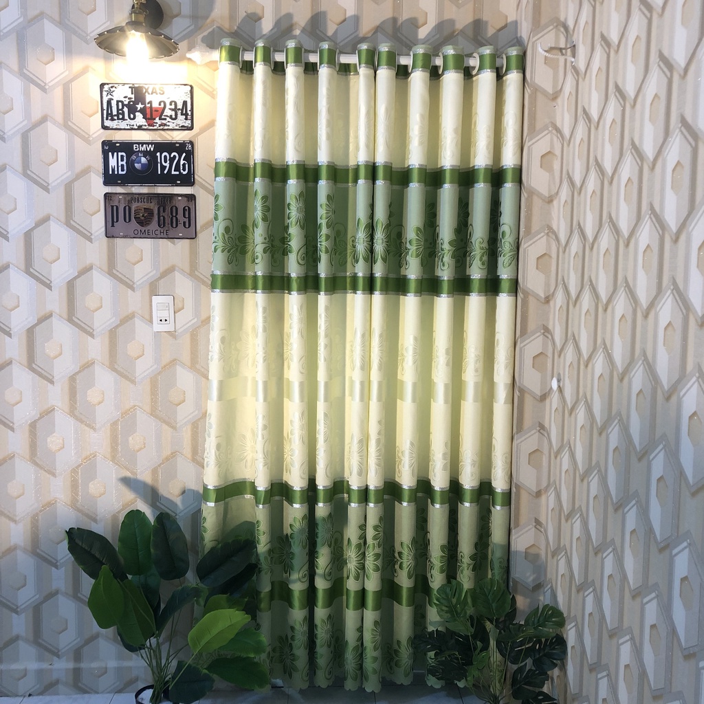 Rèm vải gấm thổ cẩm hoa văn kẻ sọc màu xanh lá cây siêu đẹp miễn phí công may.