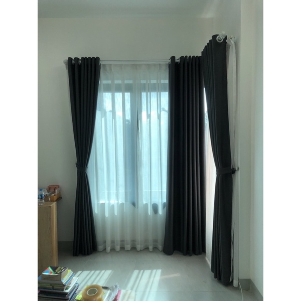 rèm vải thô dày đẹp, cản sáng 100% rộng 1,7m cao 2,85m màu ghi đen - Ảnh 6