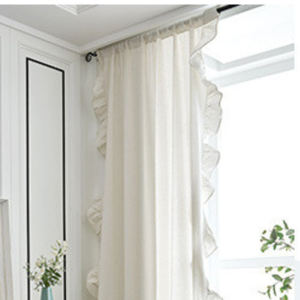 Rèm màn cửa vải canvas trắng phối bèo (có dây cột rèm) dày dặn phong cách Vintage Nhà Xinh Decor