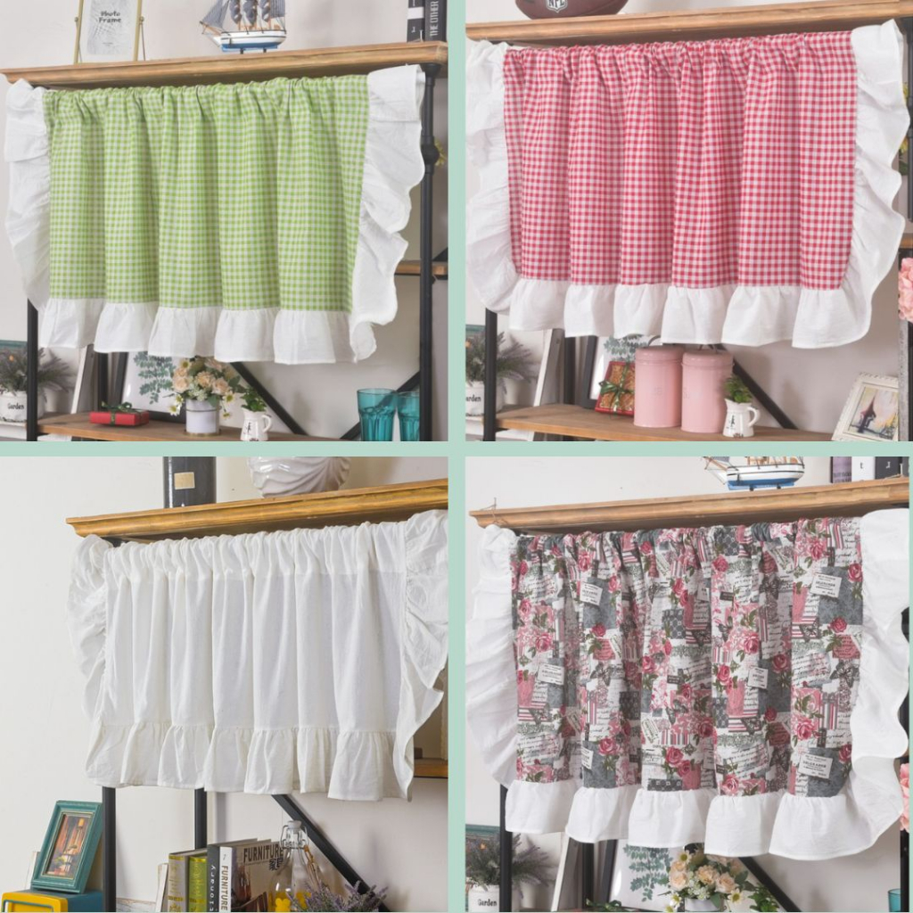 Rèm cửa sổ màn che caro vải canvas phối bèo sọc xanh đỏ (có dây cột rèm) phong cách Vintage Nhà Xinh Decor