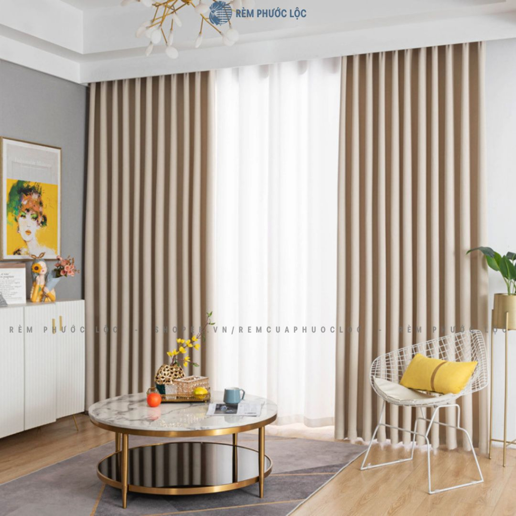 Rèm Cửa Sổ Cửa Chính Vải Gấm 3 Lớp Chống Nắng Cản Sáng 95% Màu Kem Sang Trọng