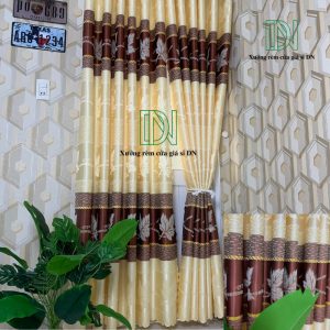 Rèm cửa sổ vải gấm hoa văn chiếc lá màu nâu đẹp đả may sẳn.