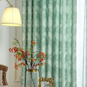 Rèm cửa sổ phòng ngủ cao cấp chống nắng tốt PK khoan lỗ - Lá Trắng Nền Xanh RPK09915