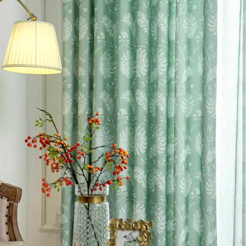 Rèm cửa sổ phòng ngủ cao cấp chống nắng tốt PK khoan lỗ - Lá Trắng Nền Xanh RPK09915